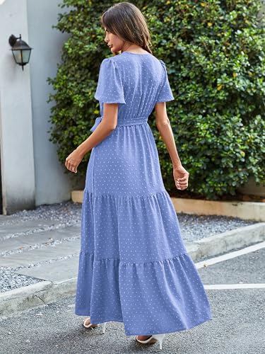 MASCOMODA Women Boho Swiss Dot Maxi Dresses Wrap V Neck Flutter Short Sleeve Solid Tie Waist A Line Tiered Flowy Long Dress(Light Blue,X-Large) - Image 5
