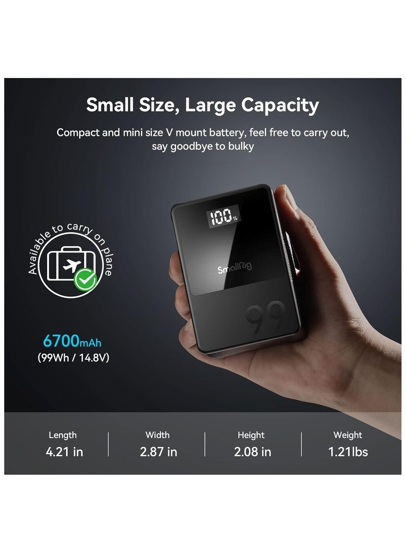 SMALLRIG VB99 Mini V Mount Battery, 6700 mAh 99 Wh 14.8 V with OLED Screen, V Mount Battery for Photographers and Filmmakers, Supports 65 W PD USB-C Quick Charge, D-TAP, USB-A, Two DC Ports - 3580 - Image 5