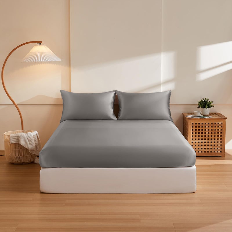 THXSILK Silk Queen Fitted Sheet 3Pcs Set  6A+ Top Grade 100% Pure Mulberry Silk Bed Sheets Set Luxury Bedding Sheet for Hair and Skin  1 Fitted Sheet with 2 Pillowcases  Grey - Image 1
