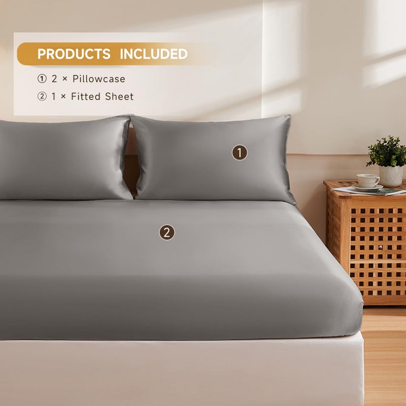 THXSILK Silk Queen Fitted Sheet 3Pcs Set  6A+ Top Grade 100% Pure Mulberry Silk Bed Sheets Set Luxury Bedding Sheet for Hair and Skin  1 Fitted Sheet with 2 Pillowcases  Grey - Image 2