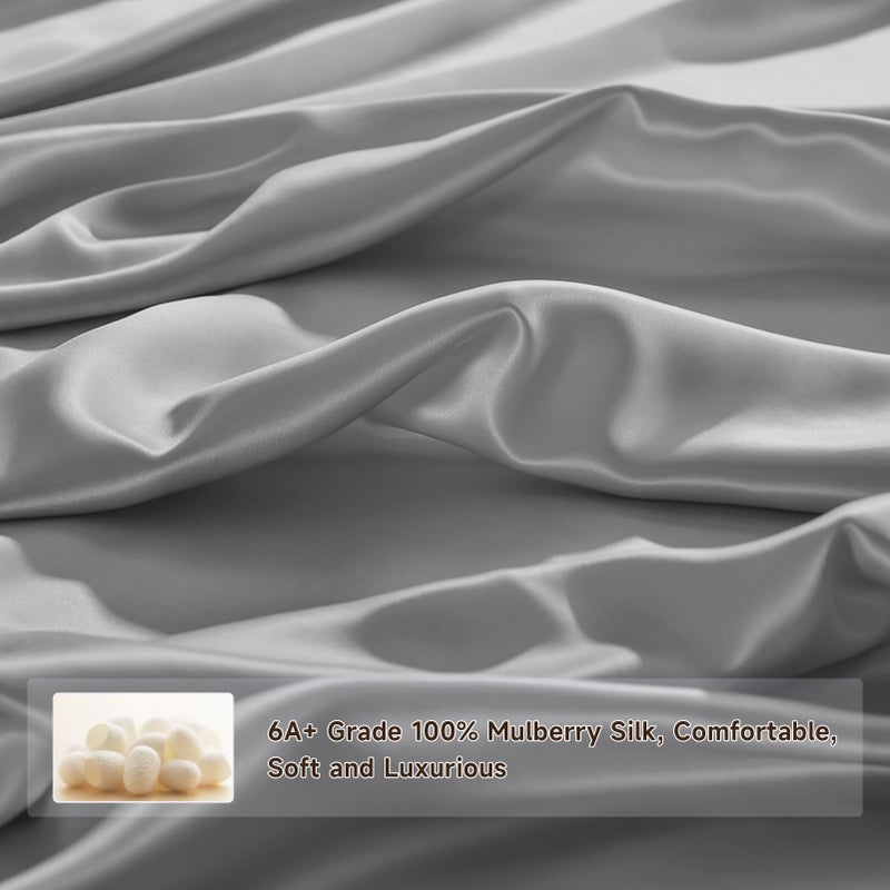 THXSILK Silk Queen Fitted Sheet 3Pcs Set  6A+ Top Grade 100% Pure Mulberry Silk Bed Sheets Set Luxury Bedding Sheet for Hair and Skin  1 Fitted Sheet with 2 Pillowcases  Grey - Image 3