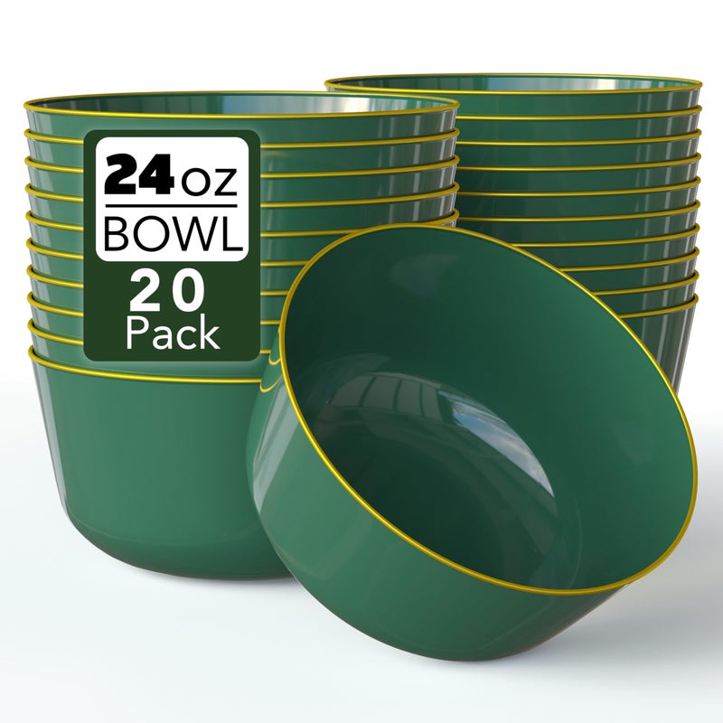 Trendables Plastic Bowls Disposable Bowls 24 Oz Bowl Set Of 20 Green Gold Rimmed Fancy Plastic Serving Bowls Perfect Plastic Ice Cream Bowls Plastic Salad Bowls Plastic Candy Bowl - Image 1