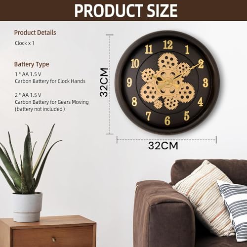 De'rons Rotating Moving Gears Wall Clock Industrial Steampunk Real Moving Gear Designer Wall Clock for Living Room Home Decor Office Wooden Look Plastic Round 32cm DC-1387 (Black Golden) - Image 3