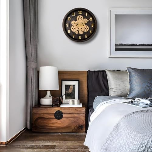 De'rons Rotating Moving Gears Wall Clock Industrial Steampunk Real Moving Gear Designer Wall Clock for Living Room Home Decor Office Wooden Look Plastic Round 32cm DC-1387 (Black Golden) - Image 2