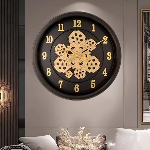 De'rons Rotating Moving Gears Wall Clock Industrial Steampunk Real Moving Gear Designer Wall Clock for Living Room Home Decor Office Wooden Look Plastic Round 32cm DC-1387 (Black Golden) - Image 1