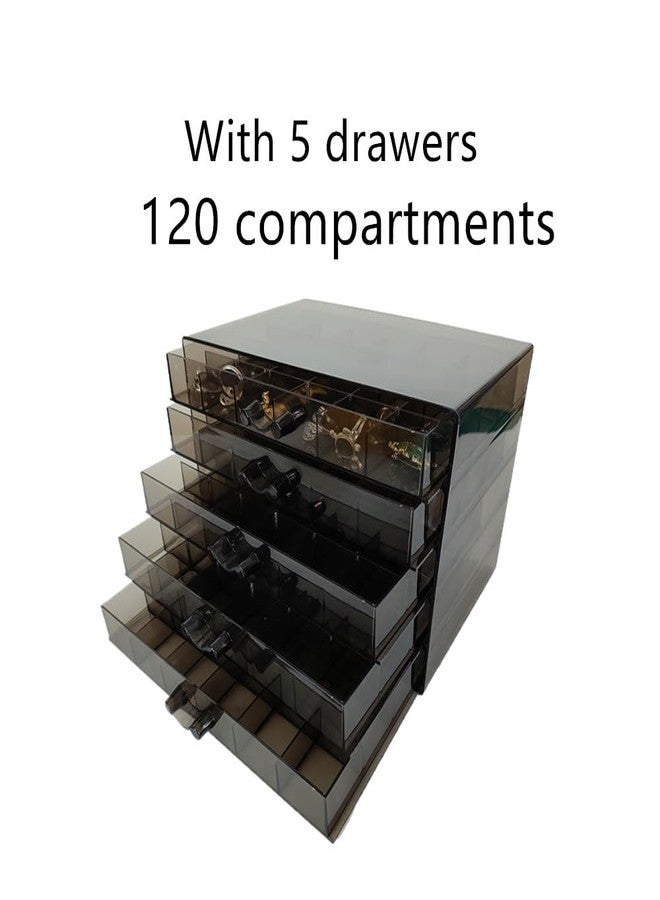 Ebonee Acrylic Jewelry Organizer Box Holder with 5 Drawers, 5-Tier 120 Girds Earring Display Stand Storage Case with 120 Small Compartments for Women Rings Necklaces Bracelets (Clear Black) - Image 4