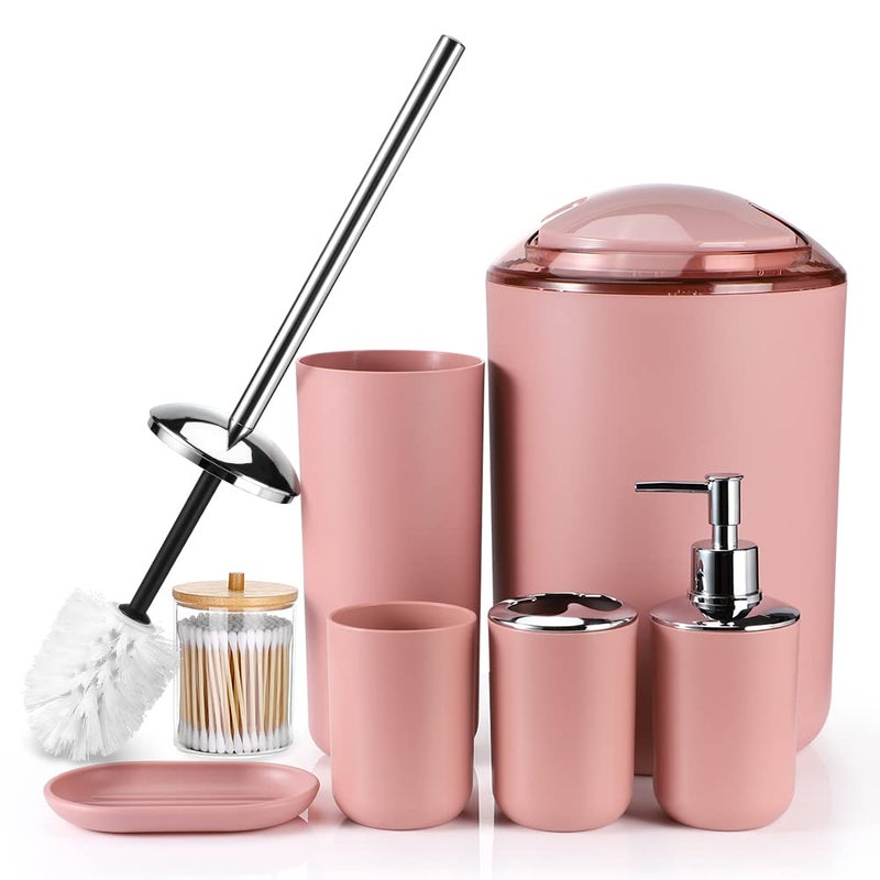 Otostar Otostar Plastic Bathroom Accessories Set Decor Countertop Gift Set Bathroom Accessory Set Includes Toothbrush Holder Soap Dispenser Tumbler Soap Dish Toilet Brush Holder Trash Can Qtip Holder Pink 