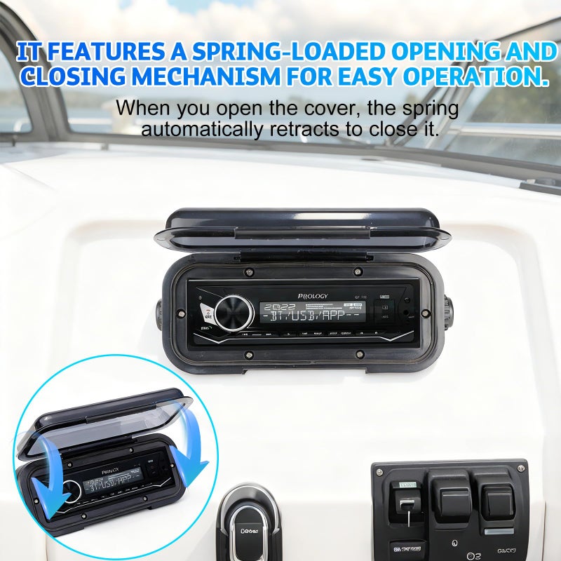 STUDIOFINIX Durable Water Resistant Radio Stereo Cover Waterproof Boat Stereo Protector Shield with Flip-Up Door UV-Resistant ABS Housing, Includes Mounting Gasket (Black) - Image 3