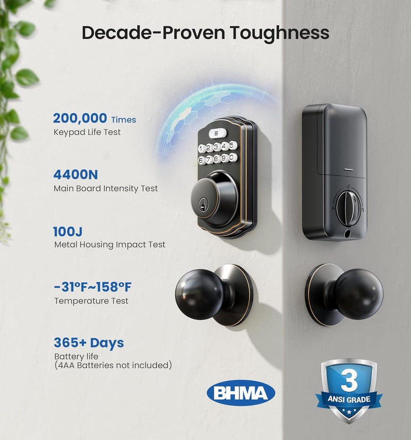 Veise Keyless Entry Door Lock with 2 Knobs, Electronic Backlit Keypad Deadbolt with Handle Set, Auto Lock, One-time Codes, Smart Deadbolt for Front Door, Easy Installation, Oil-Rubbed Bronze - Image 5