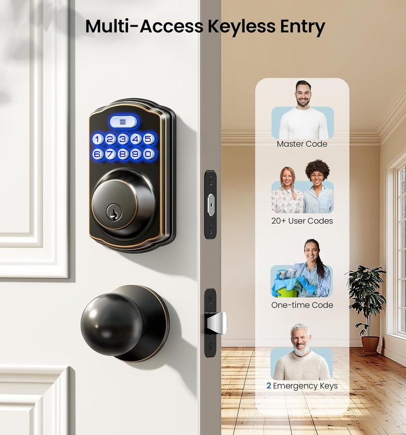 Veise Keyless Entry Door Lock with 2 Knobs, Electronic Backlit Keypad Deadbolt with Handle Set, Auto Lock, One-time Codes, Smart Deadbolt for Front Door, Easy Installation, Oil-Rubbed Bronze - Image 2