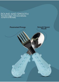 BAYBEE Stainless Steel Baby Spoon Set For Baby Feeding Non Toxic Bpa Free Training Feeding Spoon Fork Set Food Grade Silicone Handle Baby Feeding Spoons Feeding Spoon Set For Baby Toddlers Blue  - Image 3