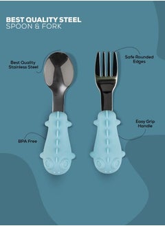 BAYBEE Stainless Steel Baby Spoon Set For Baby Feeding Non Toxic Bpa Free Training Feeding Spoon Fork Set Food Grade Silicone Handle Baby Feeding Spoons Feeding Spoon Set For Baby Toddlers Blue  - Image 4