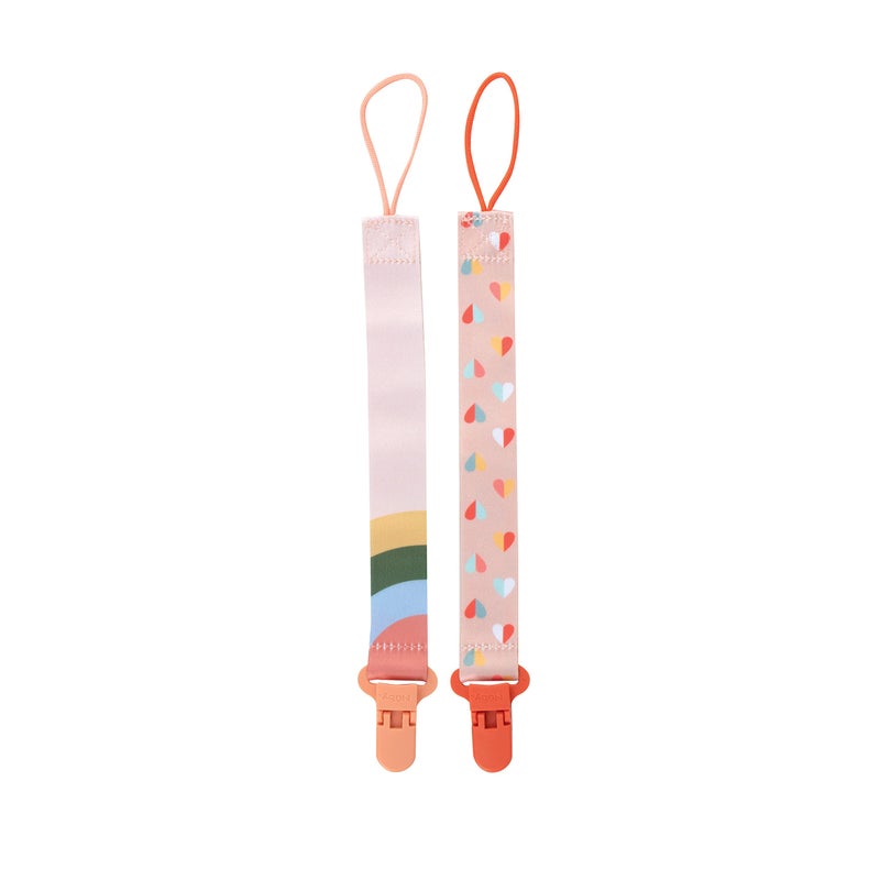 Nuby Pacifinder Baby Pacifier Clip - (2-Pack) - Pacifier Holder Clip with Convenient Hook Loop - Peach Stripes and Hearts - Image 1