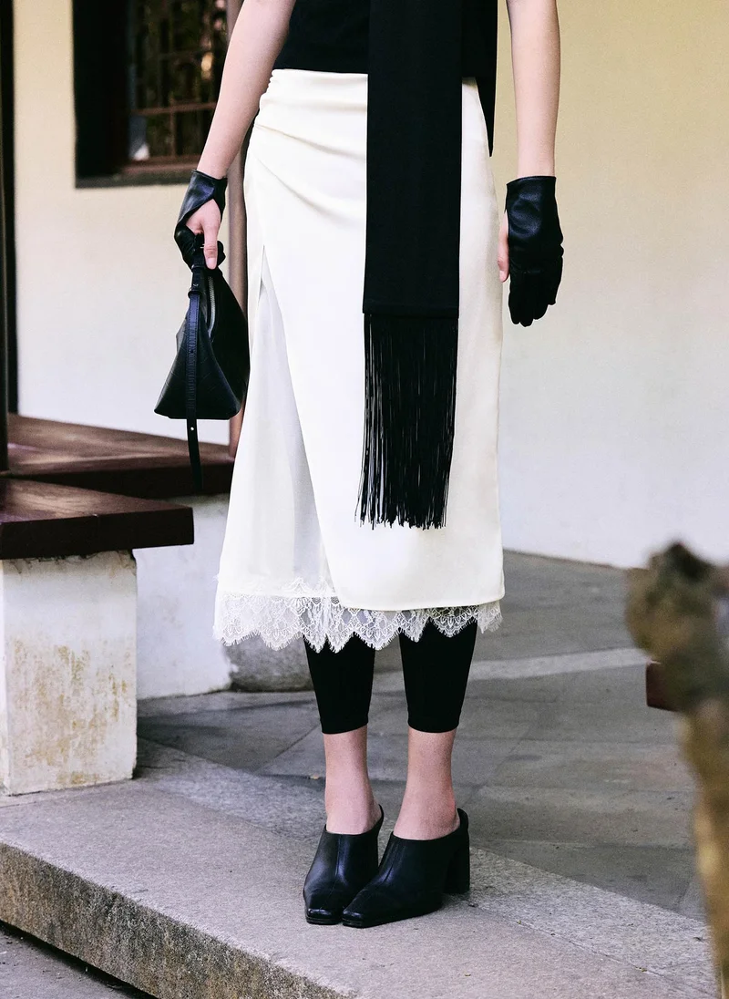Satin midi skirt with lace trim
