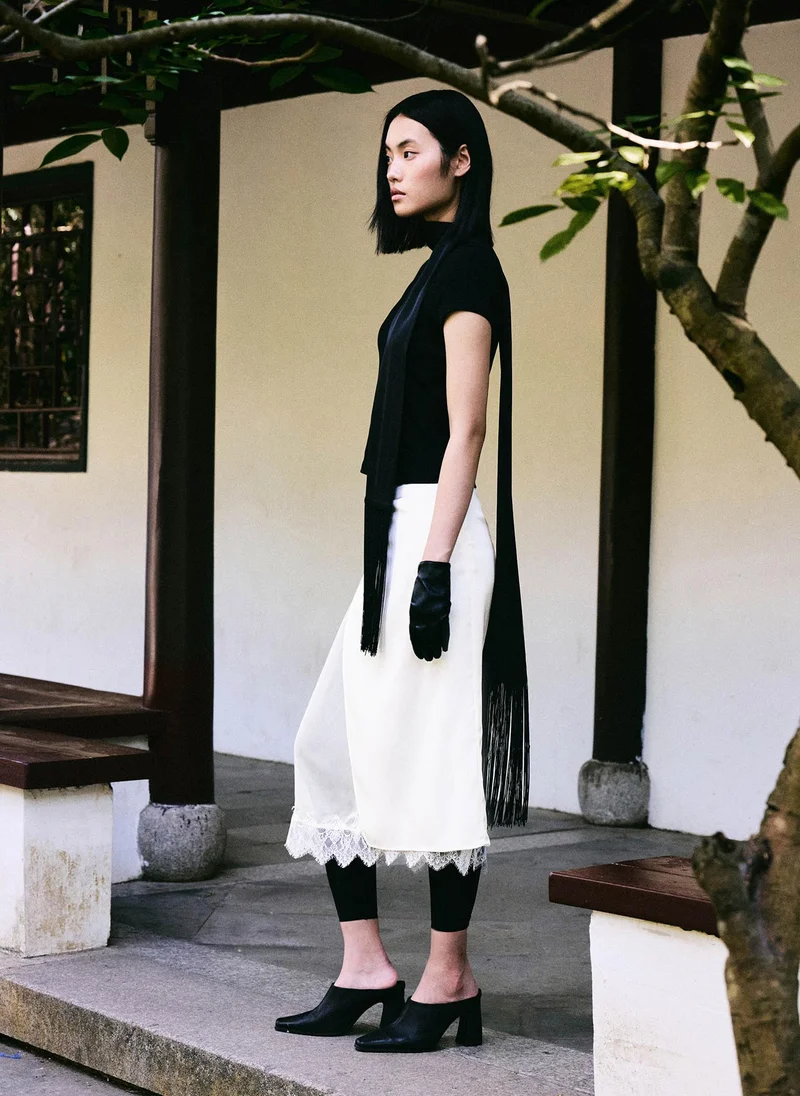 Lichi  Satin midi skirt with lace trim for Women | Best Price UAE