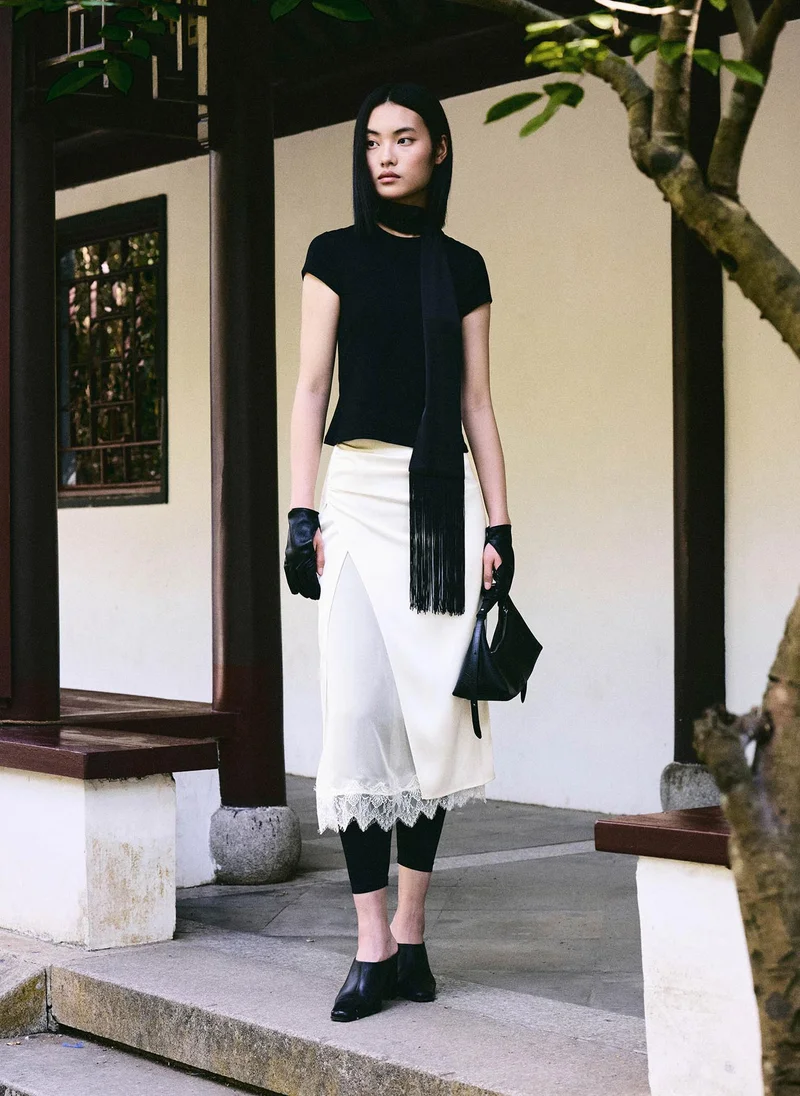 Lichi  Satin midi skirt with lace trim for Women | Best Price UAE
