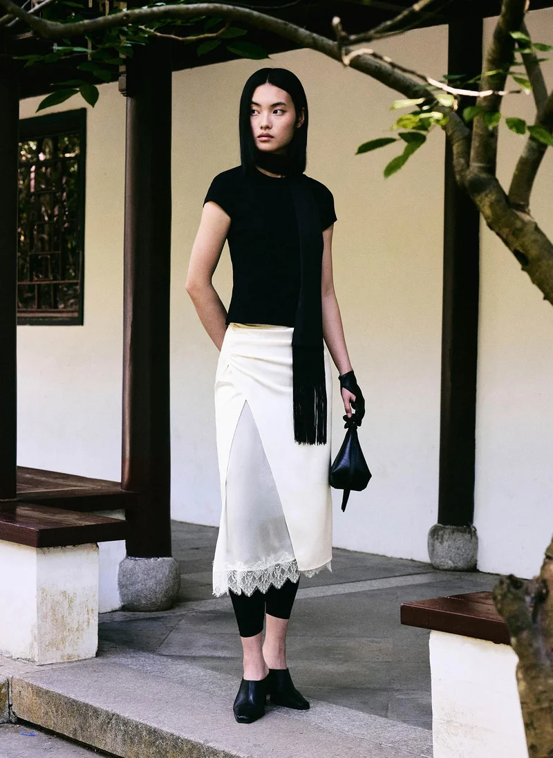 Lichi  Satin midi skirt with lace trim for Women | Best Price UAE
