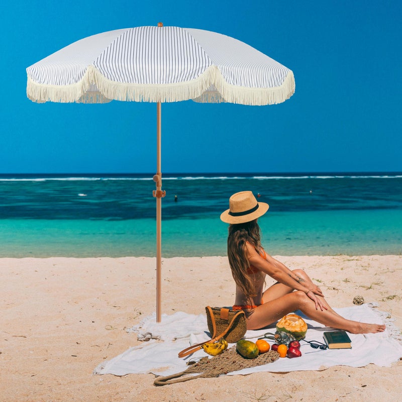 Seazul 6.5ft Patio Umbrella with Fringe, Beach Umbrella, Fringe Umbrella Outdoor Patio with Hanging Hook, Tilting Aluminum Pole, UV 50+, Fiberglass Ribs, Blue White Stripe - Image 3