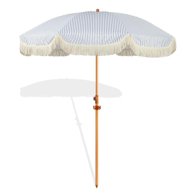 Seazul 6.5ft Patio Umbrella with Fringe, Beach Umbrella, Fringe Umbrella Outdoor Patio with Hanging Hook, Tilting Aluminum Pole, UV 50+, Fiberglass Ribs, Blue White Stripe - Image 1