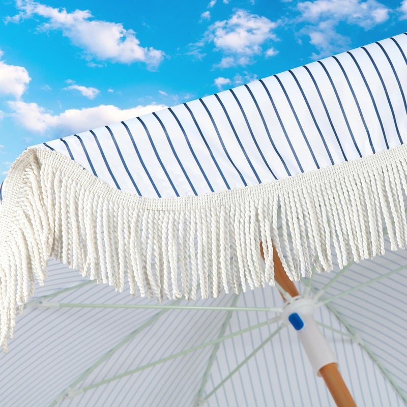 Seazul 6.5ft Patio Umbrella with Fringe, Beach Umbrella, Fringe Umbrella Outdoor Patio with Hanging Hook, Tilting Aluminum Pole, UV 50+, Fiberglass Ribs, Blue White Stripe - Image 4