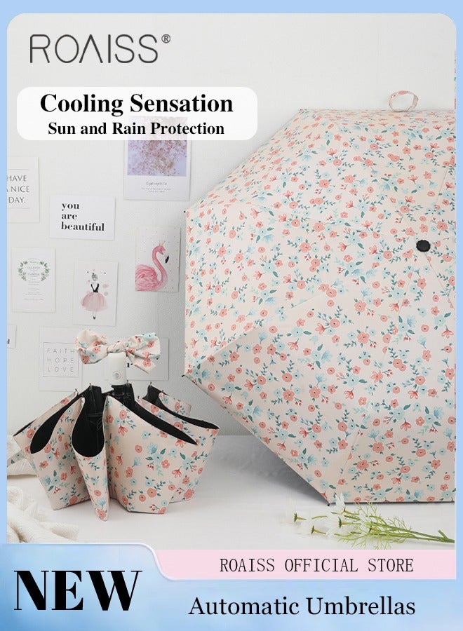 roaiss Full Automatic Umbrella Unisex Rain and Shine Dual Use 8 Rib Reinforced Thickened Portable Arc Umbrella for UV Protection Rain Resistant and Windproof Parasol with Cute Flowers Print - Image 1