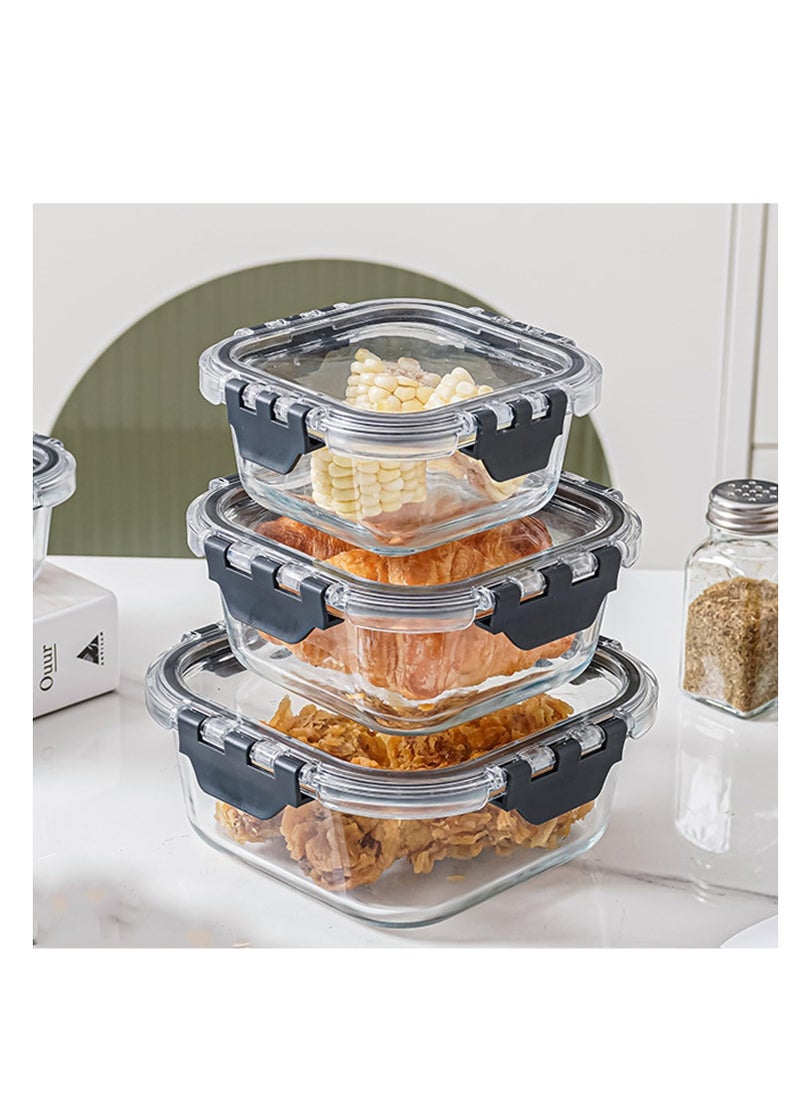 TYCOM Glass Meal Prep Containers (3 pcs Square) - Glass Food Storage Containers with Lids, Glass Lunch Box, Portion Control, Airtight, Glass Bento Box Lunch Containers- 3P Square Black  - Image 1