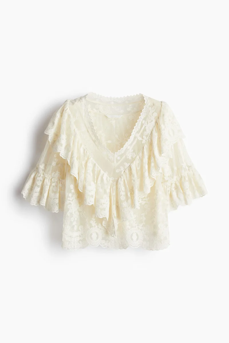 H&M Flounce-Trimmed Lace Blouse