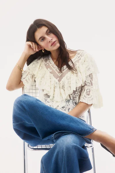 H&M Flounce-Trimmed Lace Blouse