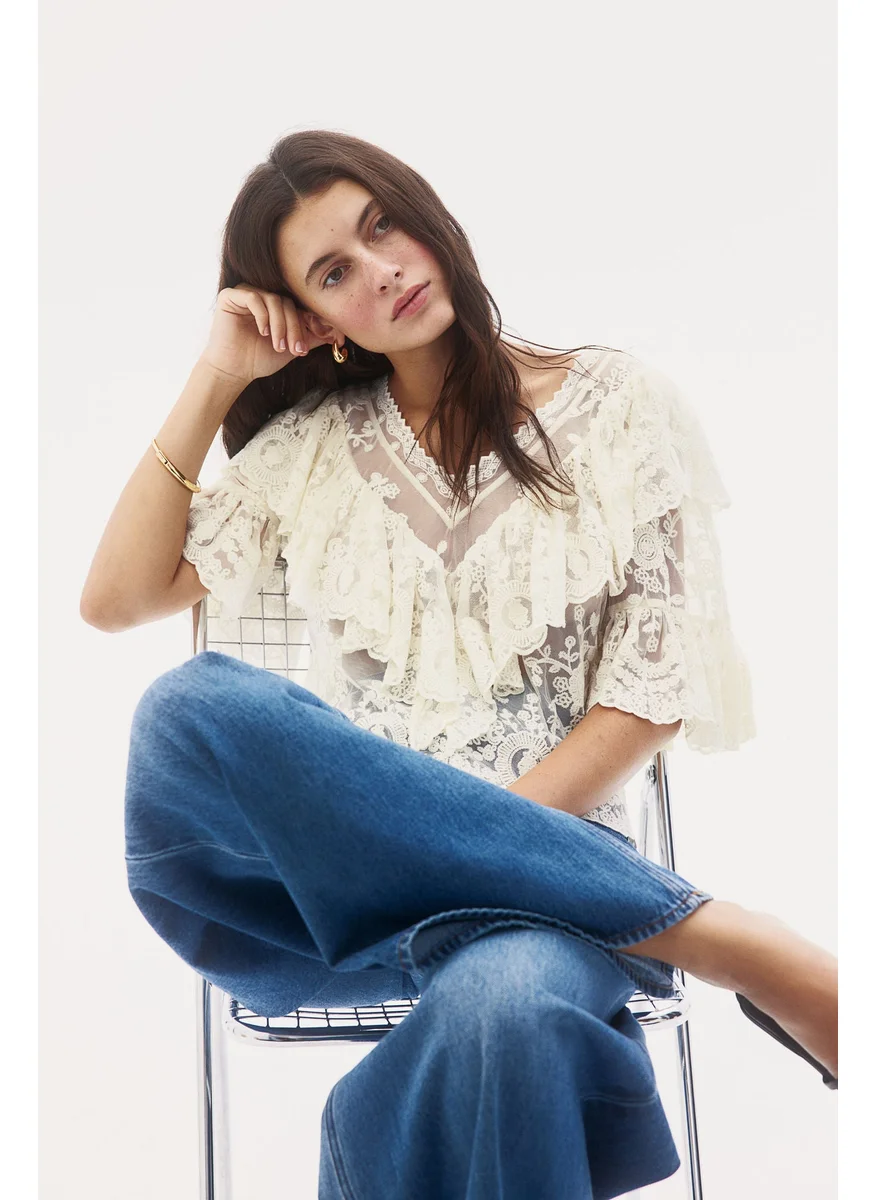 H&M Flounce-Trimmed Lace Blouse