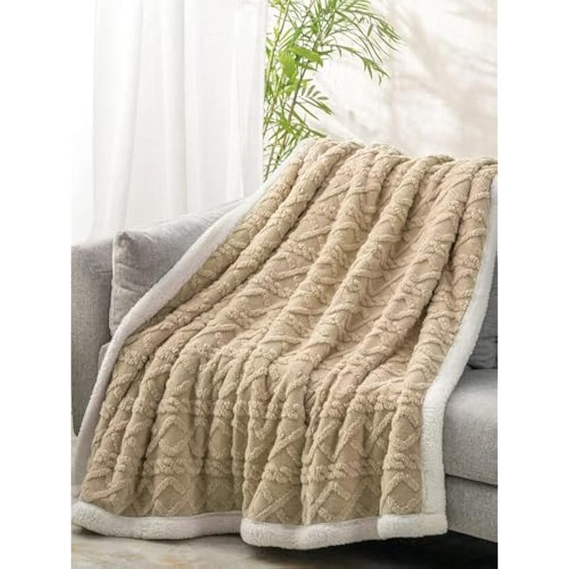 Loquat Jacquard Sherpa Blanket Single Size Twin Plush Bed Blanket Single 160x220cm Flannel Fleece Reversible Lamb Blanket - Warm and Plush Throw Blanket for Bed Sofa Travel Couch (Beige) - Image 3