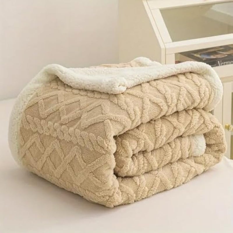 Loquat Jacquard Sherpa Blanket Single Size Twin Plush Bed Blanket Single 160x220cm Flannel Fleece Reversible Lamb Blanket - Warm and Plush Throw Blanket for Bed Sofa Travel Couch (Beige) - Image 1
