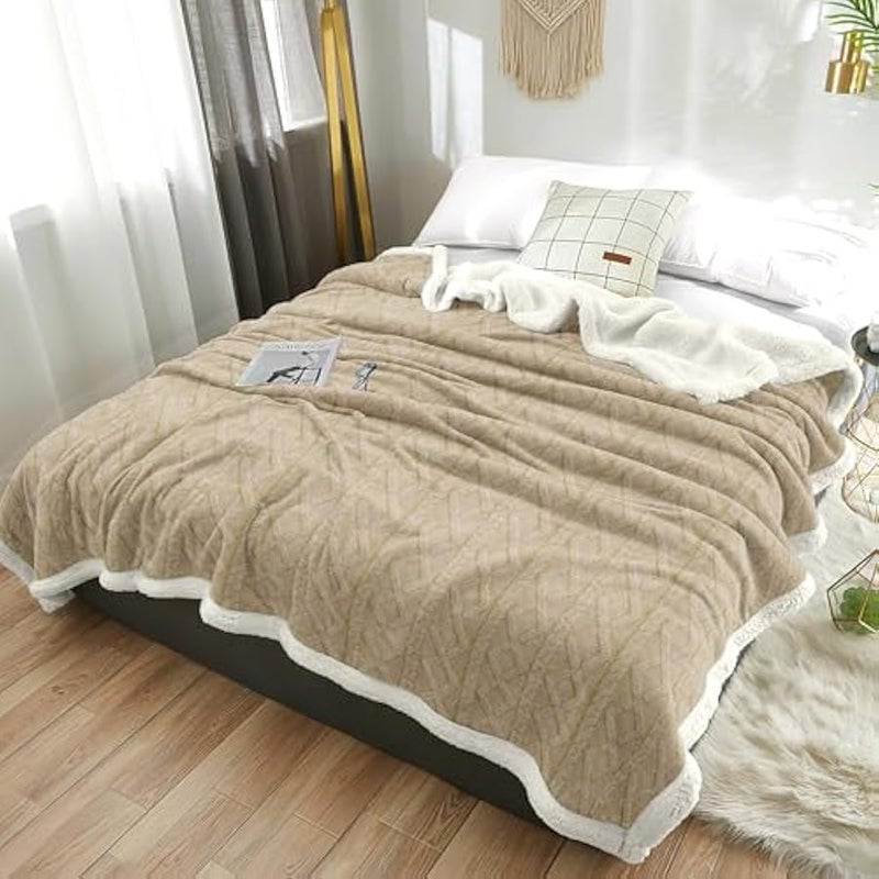 Loquat Jacquard Sherpa Blanket Single Size Twin Plush Bed Blanket Single 160x220cm Flannel Fleece Reversible Lamb Blanket - Warm and Plush Throw Blanket for Bed Sofa Travel Couch (Beige) - Image 2
