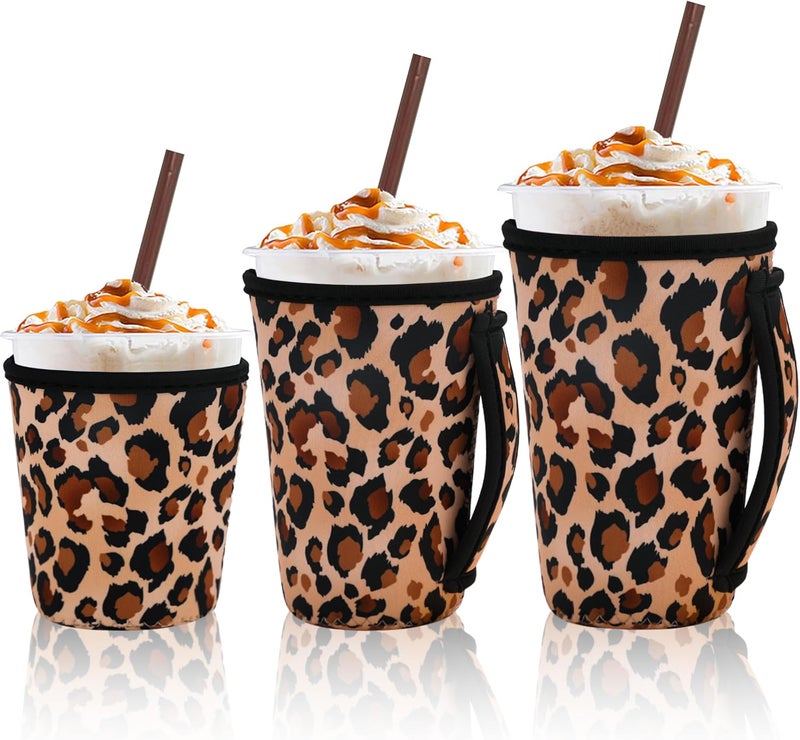 3 Piece Reusable Iced Coffee Sleeves Insulated Coffee Sleeves for 16-32 ounces of hot or cold coffee or iced beverages Compatible with Starbucks Dunkin Coffee cup and More (Leopard print) - Image 1