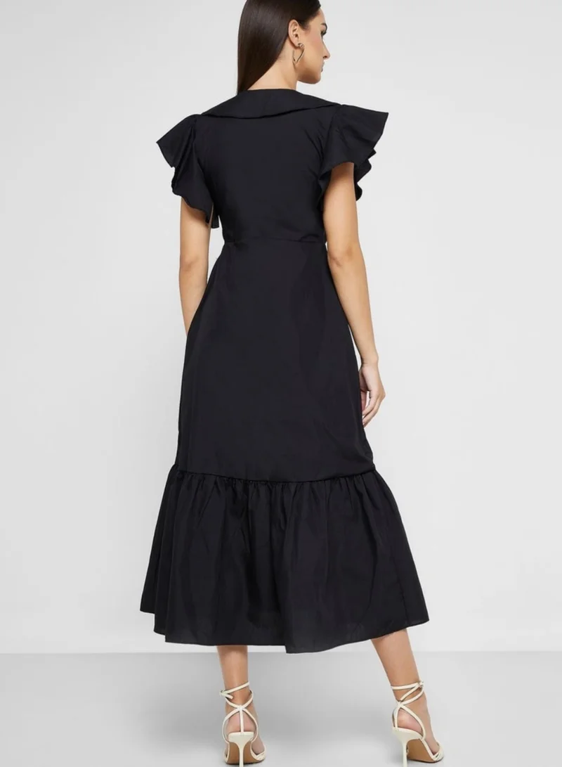 Fashonara Long A-Line Ruffled Cotton Black Dress