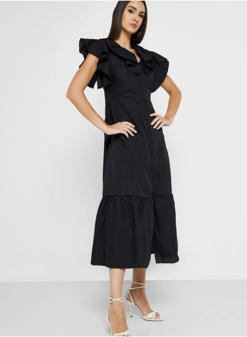 Fashonara Long A-Line Ruffled Cotton Black Dress