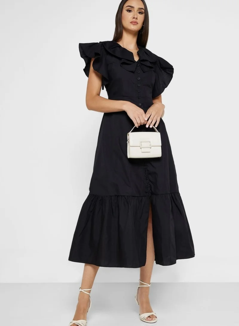 Fashonara black Long A-Line Ruffled Cotton Black Dress for Women | Best Price UAE