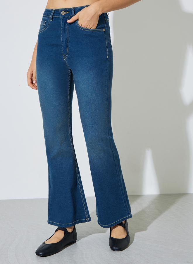Styli Medium Blue Fit and Flare Stretch Flared Jeans - Image 2