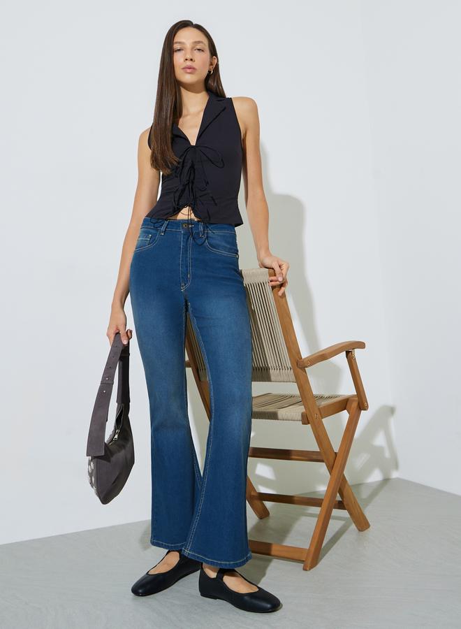 Styli Medium Blue Fit and Flare Stretch Flared Jeans - Image 1