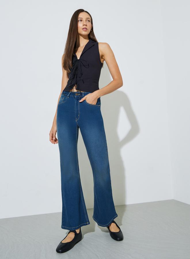 Styli Medium Blue Fit and Flare Stretch Flared Jeans - Image 5