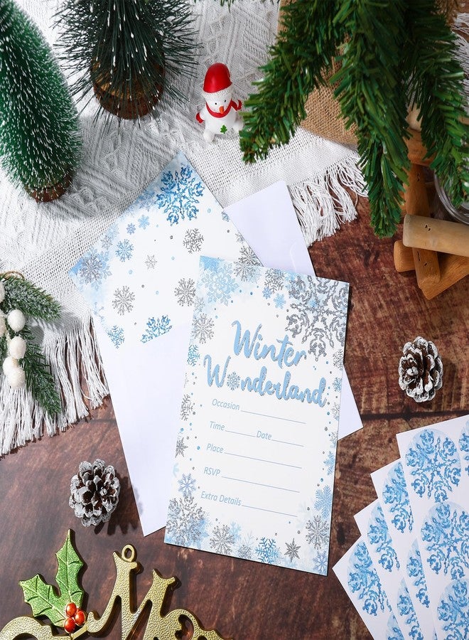 وولاين مجموعة دعوات شتوية من والين، 25 بطاقة دعوة فضية وزرقاء مزينة بنقوش ندفات الثلج، مع أظرف بيضاء وملصقات إغلاق، مناسبة لحفلات الكريسماس، مقاس 5 × 7 بوصة - Image 4