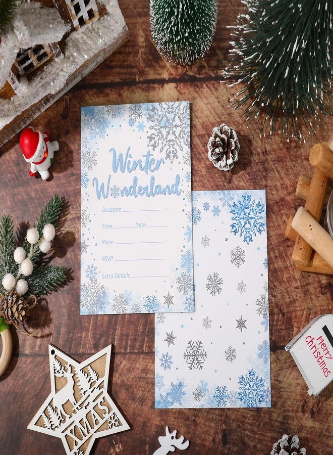 وولاين مجموعة دعوات شتوية من والين، 25 بطاقة دعوة فضية وزرقاء مزينة بنقوش ندفات الثلج، مع أظرف بيضاء وملصقات إغلاق، مناسبة لحفلات الكريسماس، مقاس 5 × 7 بوصة - Image 3