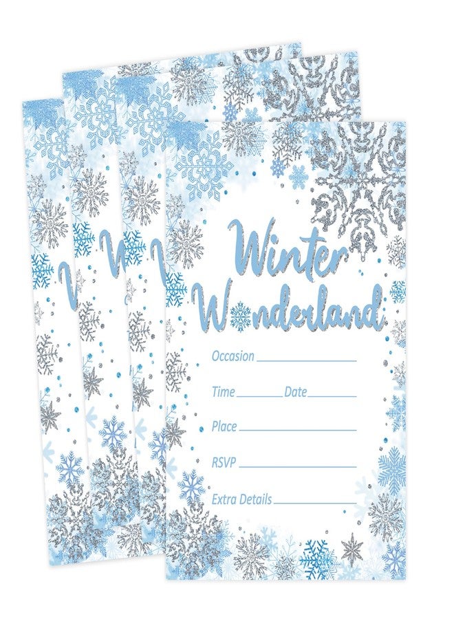 وولاين مجموعة دعوات شتوية من والين، 25 بطاقة دعوة فضية وزرقاء مزينة بنقوش ندفات الثلج، مع أظرف بيضاء وملصقات إغلاق، مناسبة لحفلات الكريسماس، مقاس 5 × 7 بوصة - Image 1