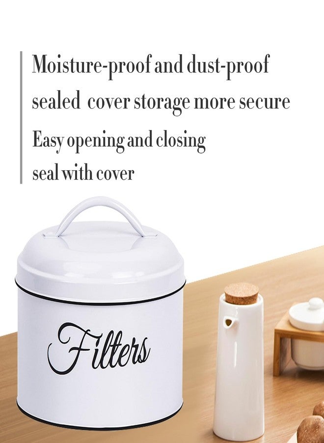 MYSENLAN Coffee Filter Holder,Basket Coffee Filter Holder Storage with Lid,Rustic Round Metal Coffee Filter Dispenser for Counter Kitchen Coffee Bar Décor(white) - Image 4