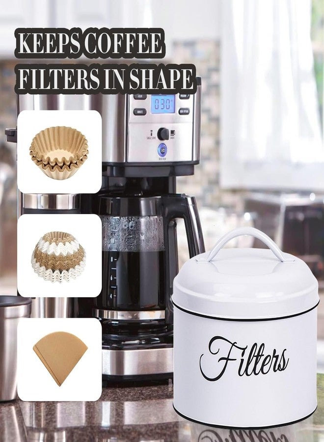 MYSENLAN Coffee Filter Holder,Basket Coffee Filter Holder Storage with Lid,Rustic Round Metal Coffee Filter Dispenser for Counter Kitchen Coffee Bar Décor(white) - Image 5