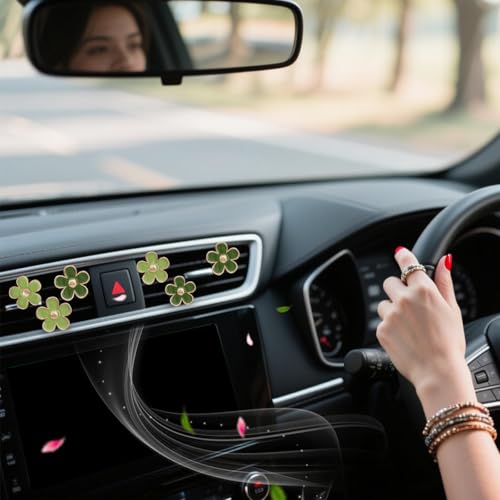 ORIESSE Green Flower Car Decor,6pcs Green Daisy Air Vent Clips Car Air Fresheners,2 Sizes Sage and Olive Green Flowers Dashboard Decorations Accessories for Women,Girly Refillable Diffuser - Image 2
