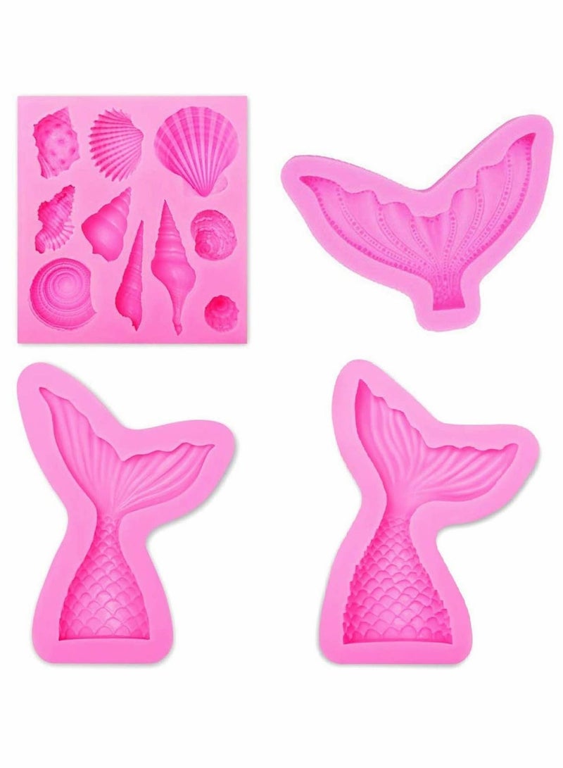 KASTWAVE Silicone Fondant Cake Moulds, Non-Stick BPA Free Chocolate, Jelly, Candy Mold, Cupcake DIY Baking Decoration Tool, Mermaid Tails and Sea Shells, Set of 4 - Image 1