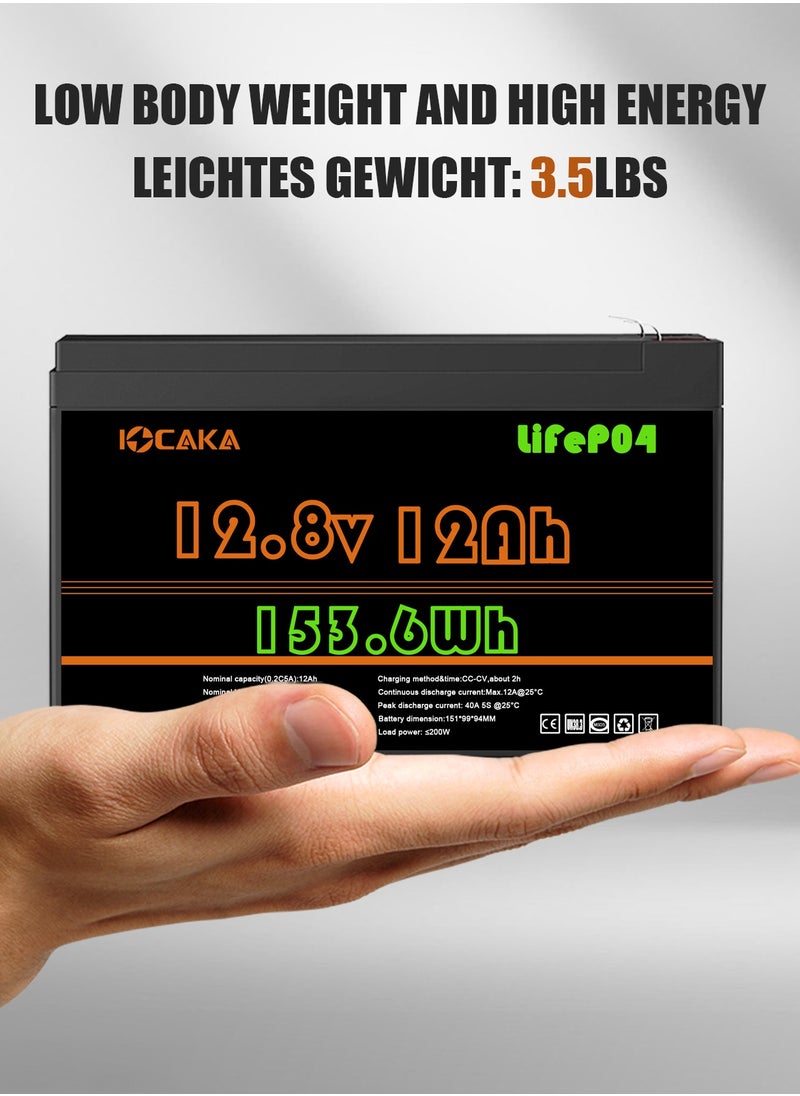 IOCAKA - 12V 12Ah LiFePO4 Battery 4000+ Cycles Rechargeable Lithium Battery  Built-in BMS  Perfect for Ride on Toys  Scooters Fish Finders Small UPS - Image 1