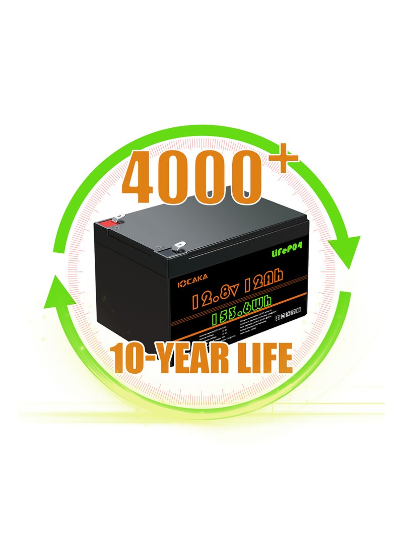 IOCAKA - 12V 12Ah LiFePO4 Battery 4000+ Cycles Rechargeable Lithium Battery  Built-in BMS  Perfect for Ride on Toys  Scooters Fish Finders Small UPS - Image 1