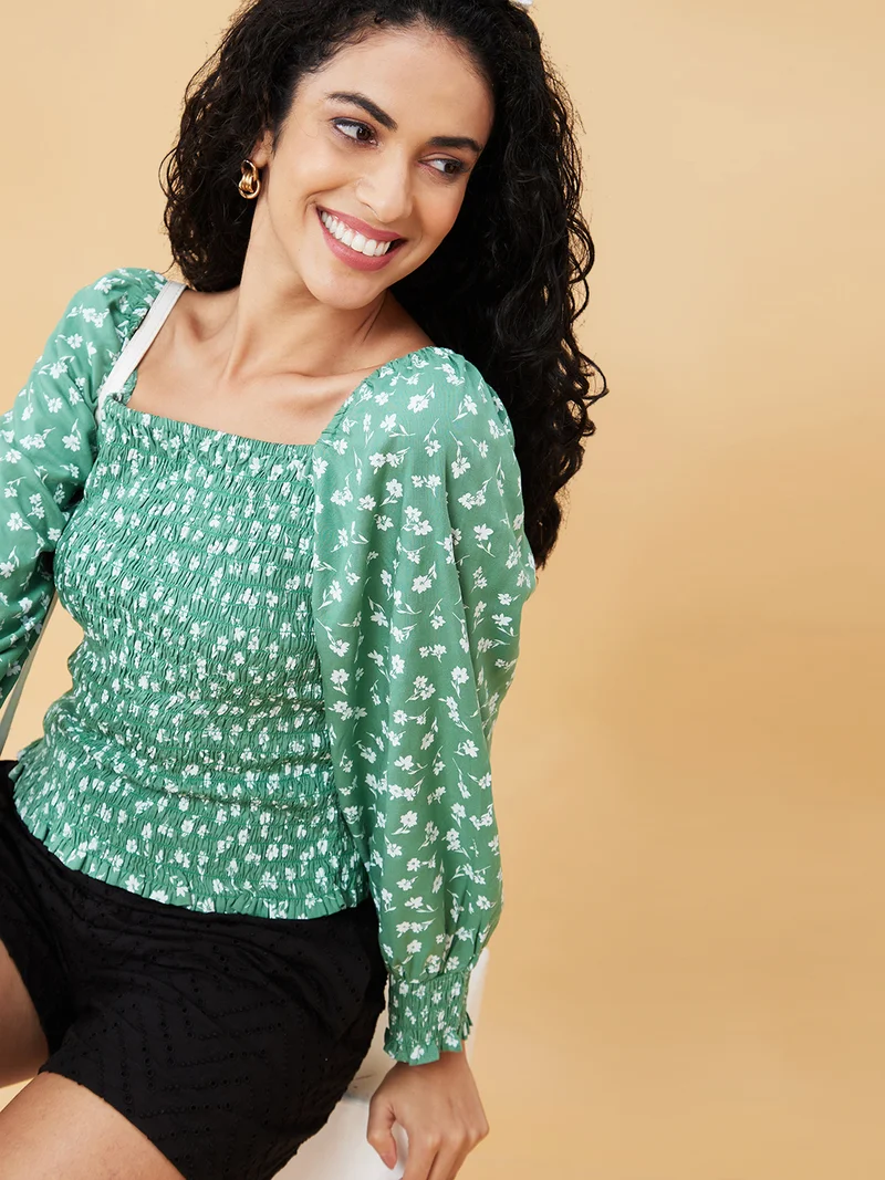 globus Women Green Floral Printed Puff Sleeve Top