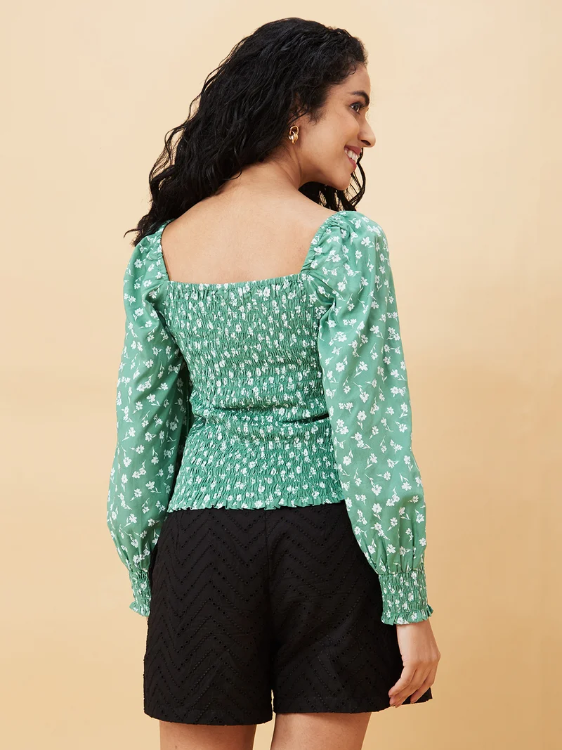 globus Women Green Floral Printed Puff Sleeve Top